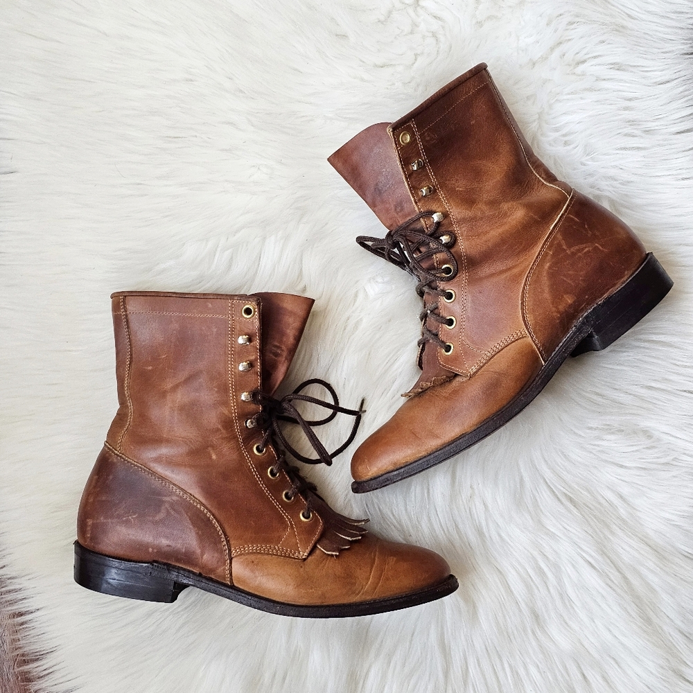 Authentic Boulet Canada Leather Lace-Up Vintage Combat Western Boots Size 8.5C